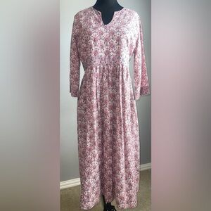 Anokhi Elegant Long Sleeve Floral Patterned Dress in Size Large 100% Cotton